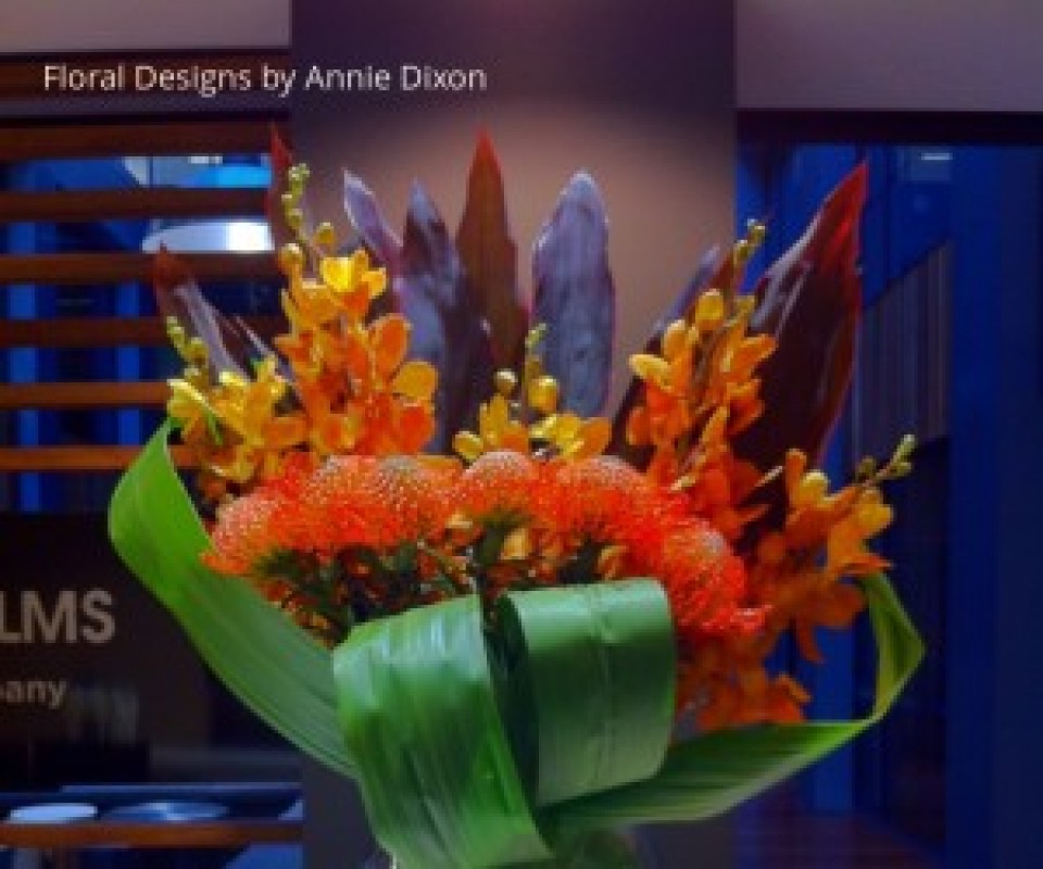 Vase arrangement of Pinwheels and Vanda Orchids