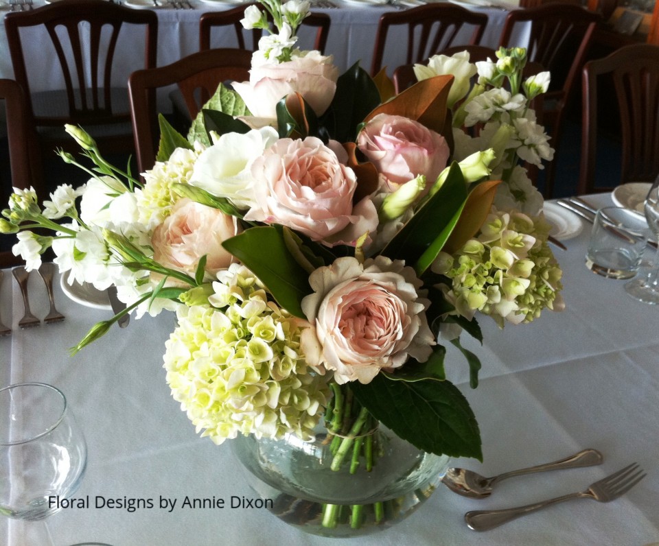 Fresh arrangement of David Austin Roses and Hydrangea