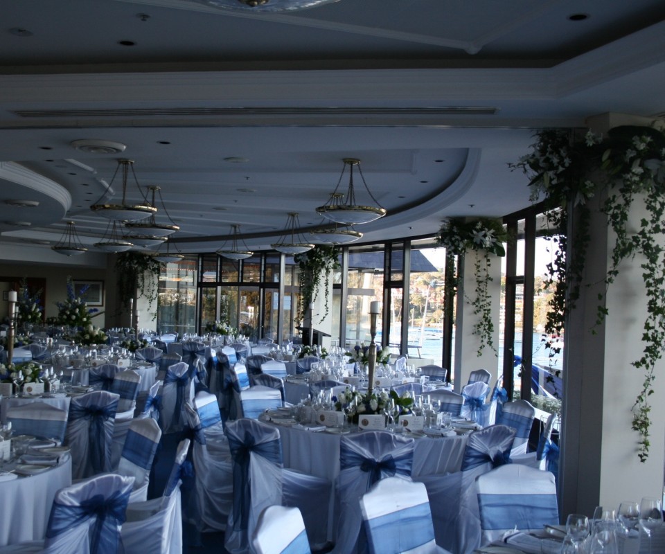 Blue and white wedding reception