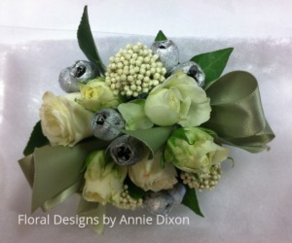 Mini rose, riceflower and silver gumnuts corsage