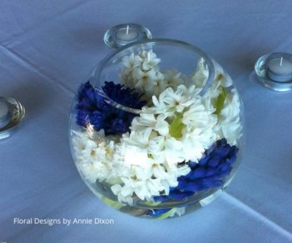 Blue and white Hyacinths wrapped inside a fishbowl